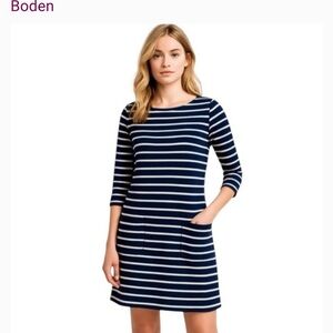BODEN Breton Striped Navy and White Mini Dress with two front pockets